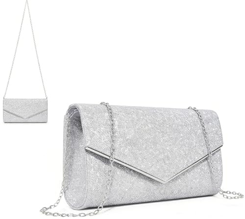 Clutch Silber, Abendtasche Damen, Glitzerstoff, feste Kette & viel Stauraum