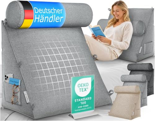 ELONEO Rückenkissen 50 cm breit mit Verstellbarer und Abnehmbarer Nackenrolle, Keilkissen für Bett und Sofa geeignet, dreieckiges Lesekissen, Kissen mit waschbarem Bezug, praktisches Seitenfach