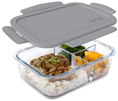 Bentgo Glass Lunch Box - Leak-Proof Bento-Style Food Container with Airtight Lid and Divided 3-Compartment Design - 5 Cup Capacity for Meal Prepping, and Portion-Controlled Meals for Adults (Gray)