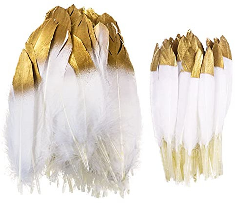 Tucireat Feder Gold 60 Stück Deko Federn Weiß Federn für Traumfänger Federn Weiss Federn zum Basteln Natür Federn Deko Federn Basteln Gold getauchtes natürliches Weiß Gänsefedern für DIY Handwerk