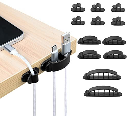 URAQT Kabelclips Kabelhalter, 12 Stück Vielzwecke Kabelführung Kabel Organizer Set für Schreibtisch, Netzkabel, USB Ladekabel, Ladegeräte, Audiokabel, Schwarz