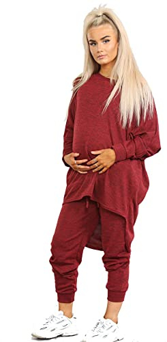 Dam 2-delad träningsoverall set för gravida hög låg topp och underdel för moderskap vardaglig myskläder sweatshirt dam dragsko pyjamasset nattkläder, vin, S/M