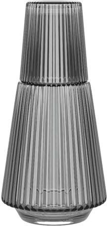 American Atelier 37 oz Vintage Bedside Water Carafe with Tumbler – 9.25 Ribbed Glass Pitcher with Cup Lid for Bedroom, Guest Room, Office, Vanity, Decorative & Practical Drinkware (Gray)