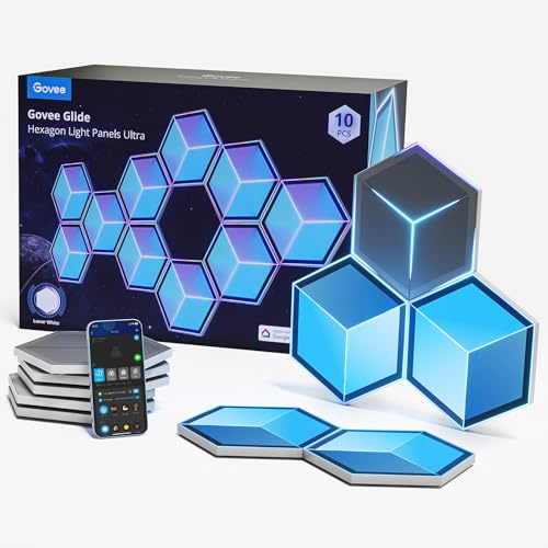 Govee Glide Hexagon Light Ultra, RGBIC 3D , Wi-Fi Wandleuchte 129 LEDs funktioniert mit Alexa, 60 Szenenmodi, für Gaming, Wand, Zimmer Deko, 10 Panels Meteor Grau