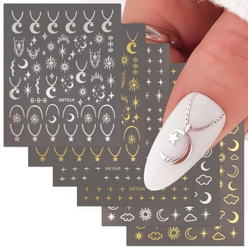 6 Feuilles Stickers Nail Art Motif Étoile Lune Soleil Autocollants Ongles Or Argent Décoration Ongle Accessoires Bricolage Ongle Noël (Couleur Or et Argent)