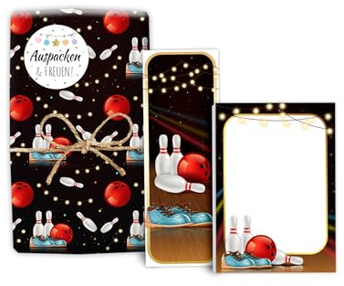 Mitgebsel-Set 6 Geschenkpapierbögen + 6 Lesezeichen + 6 Mini-Notizblöcken + 6 Aufkleber Bowling Kegeln für Jungen Mädchen Gastgeschenke für Kindergeburtstag Giveaways Bowling-Party