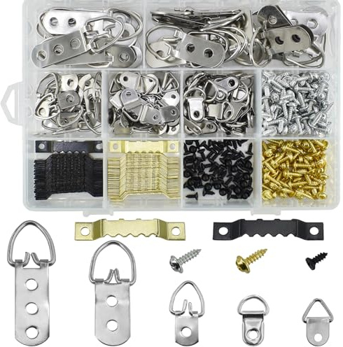 SHRJ 415Pcs D Ring and Sawtooth Picture Hangers Kit for Wall | 7 Sizes Metal Hanging Hardware, Heavy Duty Frame Hook Set with Screws, for Canvas Paintings Photos Clocks Artwork