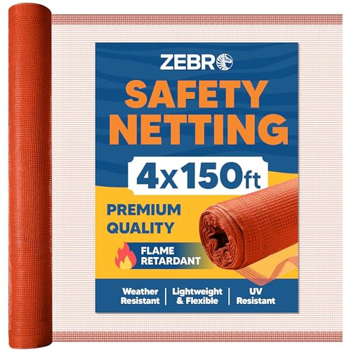 Fire Retardant Debris Safety Netting (4' x 150' Orange) - High Visibility Construction & Scaffolding & Railing & Elevator Netting for Enhanced Safety - Construction Fencing - Zebro