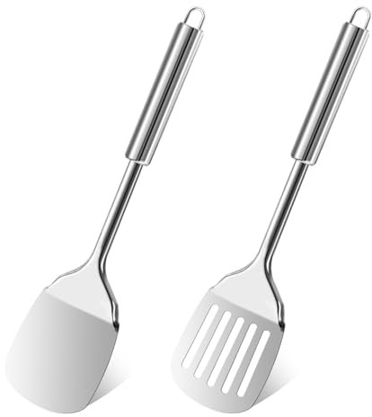 Edelstahl Spatel Set Solider Pfannenwender Schlitzwender Silber Küchenspatel Solides Geschlitztes Edelstahlspatel für Wok Utensilien Kochutensilien Haus Küche Restaurant, 2 Stück