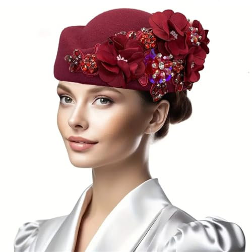 Wvapzxx Damenhut mit Strass, Blume, Kirche, Derby, Baskenmütze, für Party, Wollfilz, Pillbox-Kappen, weinrot, Einheitsgröße