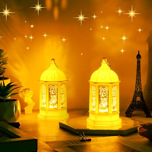 DAOUZL - Farol de Ramadán, 2 farolillos de decoración Ramadán, Ramadán, lámpara decorativa, linterna musulmana LED, linterna Eid Mubarak para decoraciones Ramadán, 13 x 7 cm