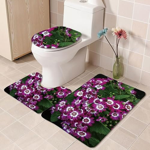 Badezimmerteppich Lila Blütenblätter WC Vorleger mit Ausschnitt WC Deckelbezug 3 Teiliges WC Teppich rutschfeste Badgarnitur U förmiger Badematte Waschbar Bad Teppiche Set 45x75 cm