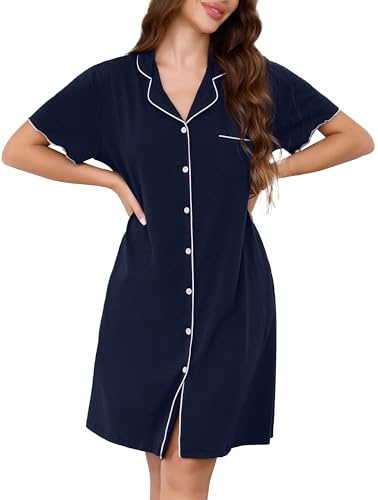 Vlazom Women Nighties Button Down Cotton Nightdress Boyfriend Style Sleepshirt Relaxed Nightshirt Hospital/Maternity/Nursing/Labour Nightgown with Pockets S-3XL