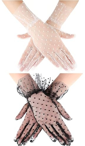 Jesustree Guanti da Donna Estate Guanti Corti a Pois Vintage Guanti in Pizzo Eleganti Guanti da Sposa 2 Paia Neri Bianco