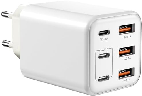 60W USB C laddare, 6 Portars laddningsadapter [3 USB-C + 3 USB-A], multipel laddningsport med PD+QC, snabb strömadapter, USB-väggladdare för iPhone 16/15/14/13/Samsung/iPad/Surfplattor