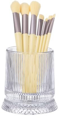 DASITON Makeup Brush Holder Organizer, Crystal Cosmetic Brushes Storage Holder Glass Makeup Organizer, 360° Rotating Make Up Brush Cup for Vanity, Dresser, Bathroom, Pen Pencil Holder for Desk (Clear)