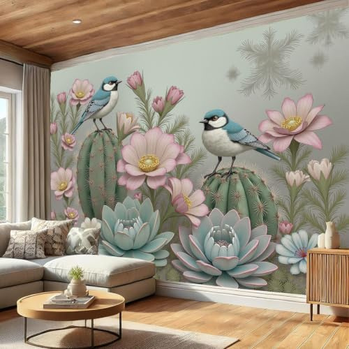 Carta da parati panoramica Piante fresche, 300x210cm Cactus, fiori e uccelli - Carta da parati di murali Poster per soggiorno, camera da letto per bambini, studio - Verde chiaro