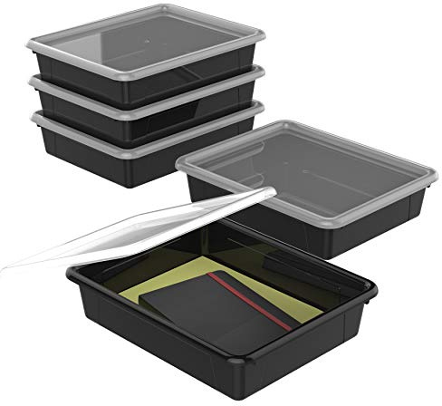 Storex brevstorlek platt förvaringsbricka – organiseringskorg med icke-snäpplock för klassrum, kontor och hem, svart, 5-pack (62535U05C)