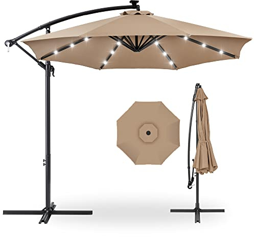 Best Choice Products 10ft Solar LED Offset Cantilever Hanging Market Patio Umbrella, 8 Sturdy Ribs, Easy Adjustment - Tan