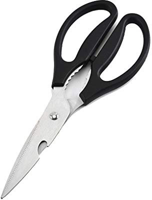 RONGJJ Cuir Ciseaux De Cuisine, Ciseaux en Acier Inoxydable Ouvre-Bouteille Intégré, Droitier Ou Gaucher, Lames De Coupe avec Avantage Micro Dentelé pour Poisson, Veg Coupe, Black
