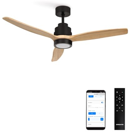 CREATE / WINDSTYLANCE NATURAL WOOD/Deckenventilator mit Beleuchtung Schwarz Naturholzflügel mit WLAN und Fernbedienung / 40W, Leise, Ø132 cm, Sommer-Winterbetrieb, doppelte Höhe