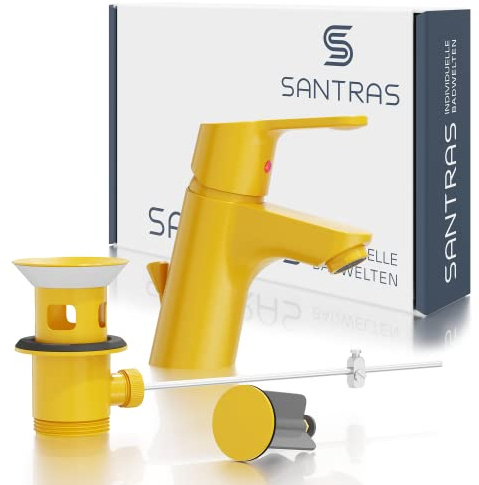 SANTRAS® Waschtischarmatur Bad in Gelb (RAL 1004, glänzend) mit Zugstange & Exzenter Ablaufgarnitur – Einhebelmischer-Mischarmatur warm/kalt für 1-Loch Waschbecken – Wasserhahn mit Ablaufgarnitur