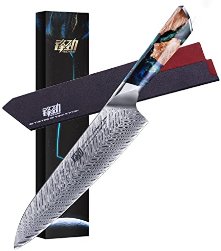 FINDKING Nebula Series Chef Knife with ABS Sheath, Multipurpose Japanese Gyuto Knife, 10Cr15CoMov Damascus Steel Blade, Resin and Figured Sycamore wood Handle, Full Tang, 8 Inch, Blue, for Meat