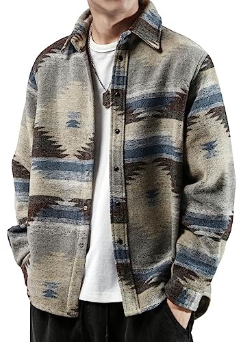 FindThy Herrskjortor i borstad flanell, etniskt aztektryck, knappar, tribal-skjorta, jacka, skjortjacka, Grå, M