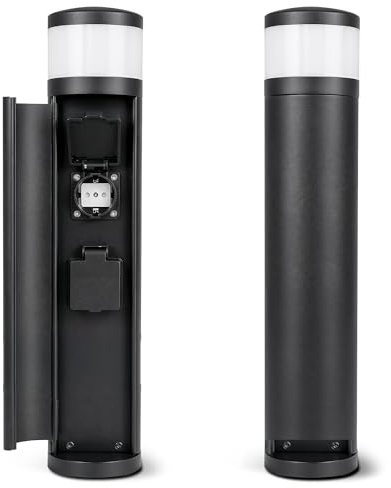 SSC-LUXon PALISO Steckdosensäule 2 Stück mit Licht G9 2-fach schwarz IP44 | Zwei Pollerleuchten mit G9 Licht & je 2 Steckdosen - für Wege, Terrasse & Eingang, Edelstahl mit Tür, IP44, Höhe 46cm