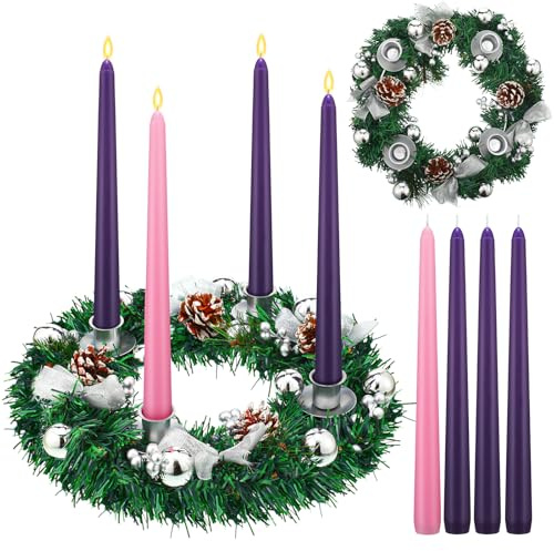 12 Inch Christmas Advent Wreath Advent Candle Holder with 4 Taper Candles Remote Control Christmas Centerpiece Decorations for Christmas Table Indoor Home Church (Silver Series)