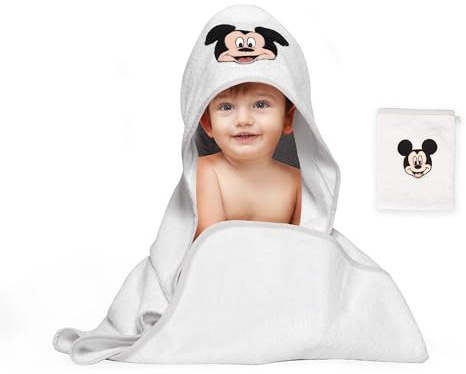Disney Home Mickey Mouse Kapuzenhandtuch Set Saugfähig Oeko-Tex Zertifiziert, 2-teilig,Kapuzenhandtuch 80x80cm, Waschlappen 15x20cm