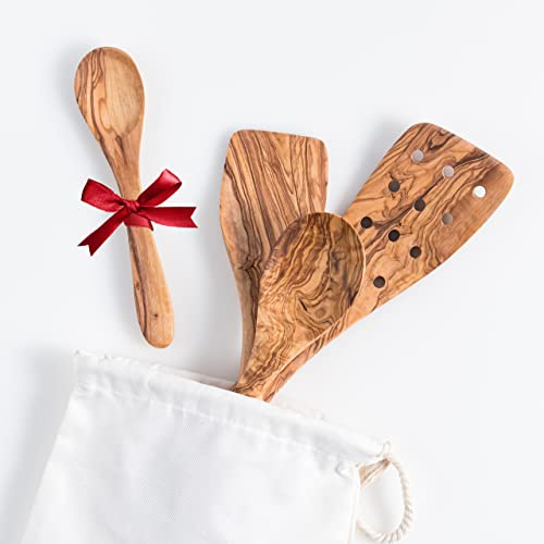 Darido Olivenholz Kochlöffel 3er Set mit extra kleinem Löffel - 30 cm - handgefertigt - hitzebeständig und kratzfest - Küchenutensilien - Löffel, Pfannenwender, fester Spatel und ein kleiner Löffel