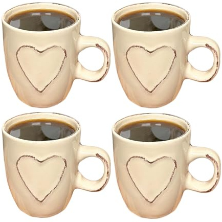 Darthome Set of 4 Cream Love Heart Espresso Cups 100ml Stoneware Country Coffee Mugs