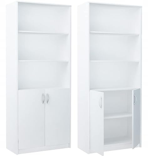 Praktische Bücherregal Schrank 180 cm mit 2 Türen 5 Fächern Groß Mehrzweckschrank Aktenschrank Büroschrank Haushaltsschrank (Weiß)