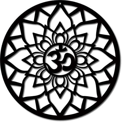 CREATCABIN Aum Lotus Decoración de Pared de Madera Cortada con Láser Letrero de Madera Arte Rejilla de Cristal Geometría Sagrada Símbolo Espiritual Redondo Tilo Colgante Decorativo para Puerta Yoga