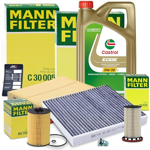 MANN-FILTER Inspektionspaket Filterset 1x Ölfilter, 1x Luftfilter, 1x Innenraumfilter (Aktivkohlefilter), 1x Kraftstofffilter, 1x Ölablassschraube, 1x Ölwechselanhänger, 1x Motoröl 5W-30 5l