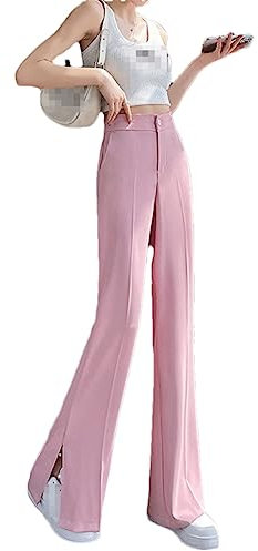 Ownwfeat Damen-Anzughose, Gerader Schlauch, Dünn, Seitlich Geteilt, Hohe Taille, Schmal, Weites Bein, Boden-Slam-Hose Pink Regular M