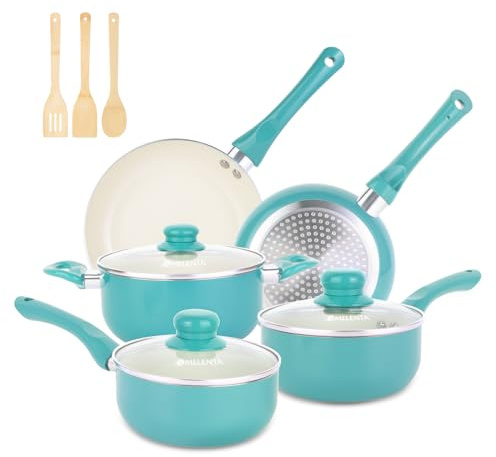 M MELENTA Pots and Pans Set Nonstick, 11pcs Kitchen Cookware Sets Induction Cookware, Ceramic Non Stick Cooking Set, Stay Cool Handle & Bamboo Kitchen Utensils, 100% PFOA Free, Turquoise