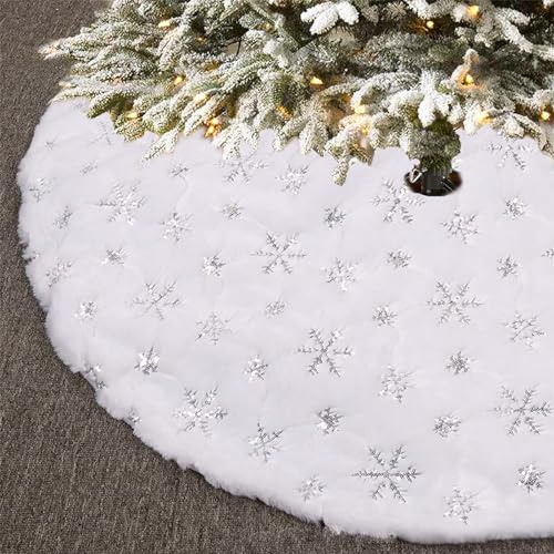 Sensong 90CM Weihnachtsbaum Decke Weißer Schneeflocke Weiss Plüsch Kunstfell Weihnachtsbaumdecke Christbaumständer Dekorationen Teppich