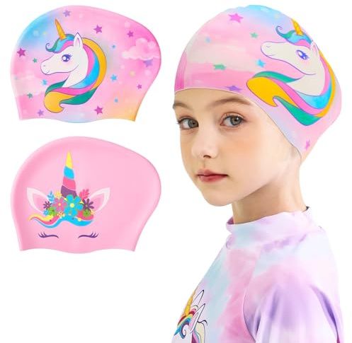 2 Pezzi Impermeabile Bambini Cuffia da Nuoto Unicorni Elastico Cuffia Piscina per Ragazzi Ragazzo Cappello da Nuoto per Capelli Lunghi e Corti