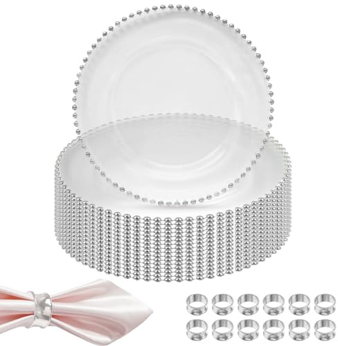 Silver Beads Clear Glass Charger Plates & Hammered Napkin Rings, 12pcs | Set of Plates and Napkin Rings Ideal for Thanksgiving , Wedding, Dinner Party, Event and Table Decoration