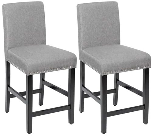 COSTWAY Set di 2 Sedie Alte da Bar, Sedie da Bar Imbottite con Gambe in Legno di Gomma, Lino Traspirante, Spugna ad Alta Resilienza, Schienale Comodo, Seduta Imbottita, per Cucina e Sala da Pranzo