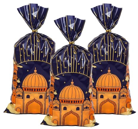 Eid Mubarak Tüten zum Befüllen - 50 Stück Eid Mubarak Geschenke Tüten Geschenktüten Eid Mubarak Dekoration Geschenktasche Zellophan mit Schleife Partytüten Deko für Kekse Schokolade Süßigkeiten