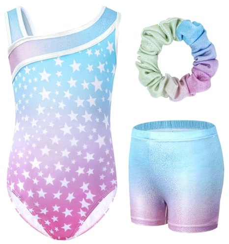 Gogokids Mädchen Drei Teiliges Gymnastikset, Y-Hals Ärmelloser Leotard mit Shorts und Haarband, Ballett Tanzender Leotard Gymnastikoutfit mit Blauem & Purpurfarbenem Farbblockdesign, 3-12 Jahre