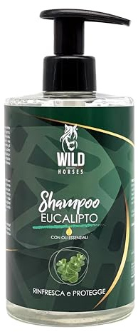 Wild Horses | Shampoo per Cavalli all'Eucalipto con Oli Essenziali, Rinfresca e Protegge, Elimina i Cattivi Odori, Barriera Naturale, Adatto a Tutti i Tipi di Manto, 500ml, Made in Italy