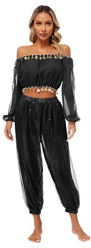 TiaoBug Damen Bauchtanz Kostüm Oberteil und Hose Langarm Schulterfrei Crop Top Shirts Bluse + Chiffon Tanzrock mit Münze Quasten Schwarz F Einheitsgröße