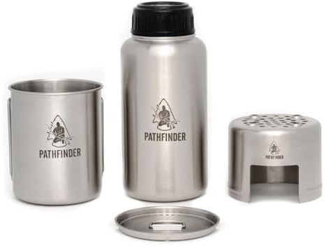 The Pathfinder School Stainless Steel 32oz Water Bottle, Cup with Bat Wing Handles, and Stove Set