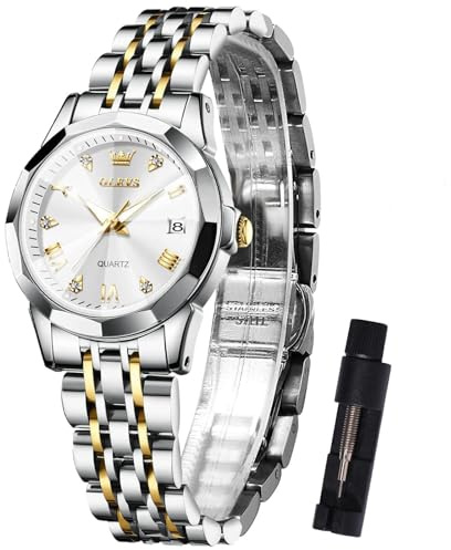 OLEVS Bicolore Orologio Donna Piccolo Quadrante Impermeabile Numeri Romani Acciaio Inossidabile Bianco Orologi Analogico Donna con Data Luminoso Facile da Leggere