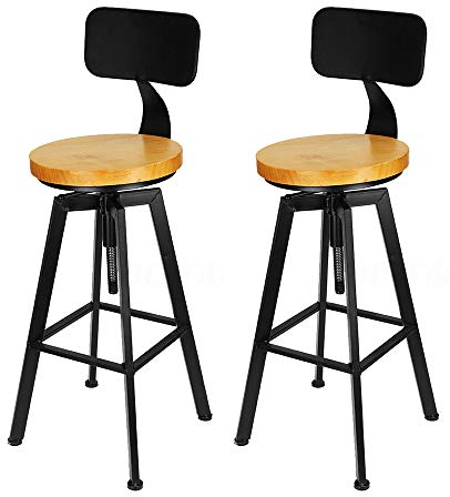 KLOOLIVE Barhocker 2er Set Retro Drehhocker Metall Holz Barstühle Industrieller Stühle Höhenverstellbar 64-84cm Küchenstuhl mit Rückenlehne für Esszimmer Küche