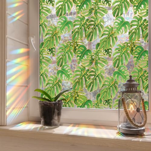 Runtoo Regenbogen-Palmenblätter Sichtschutzfolie – 3D dekorative Vinyl-Buntglas-Pflanzenblätter, statische Fensteraufkleber, Nicht klebender Aufkleber, 40 x 101 cm